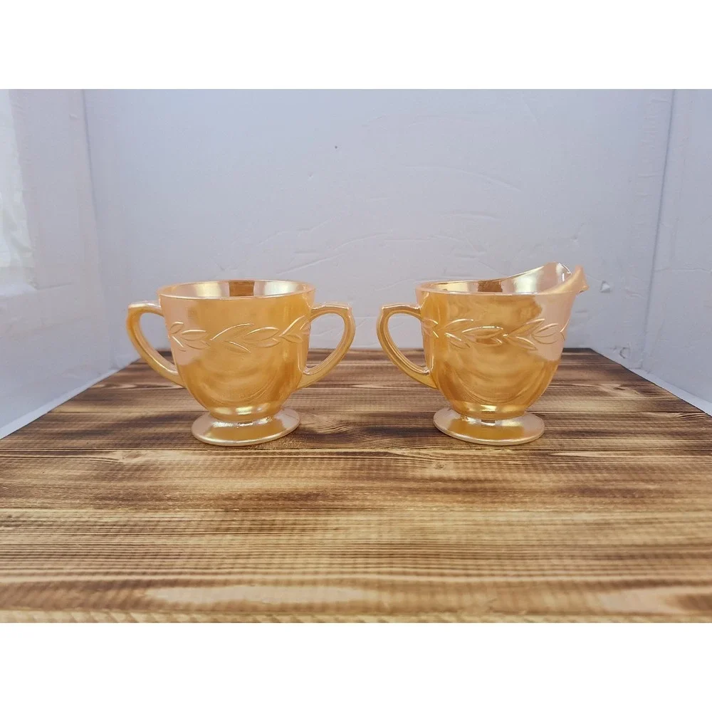 FIRE KING OVEN WARE PEACH LUSTER LAUREL LEAF SUGAR BOWL‎ AND CREAMER